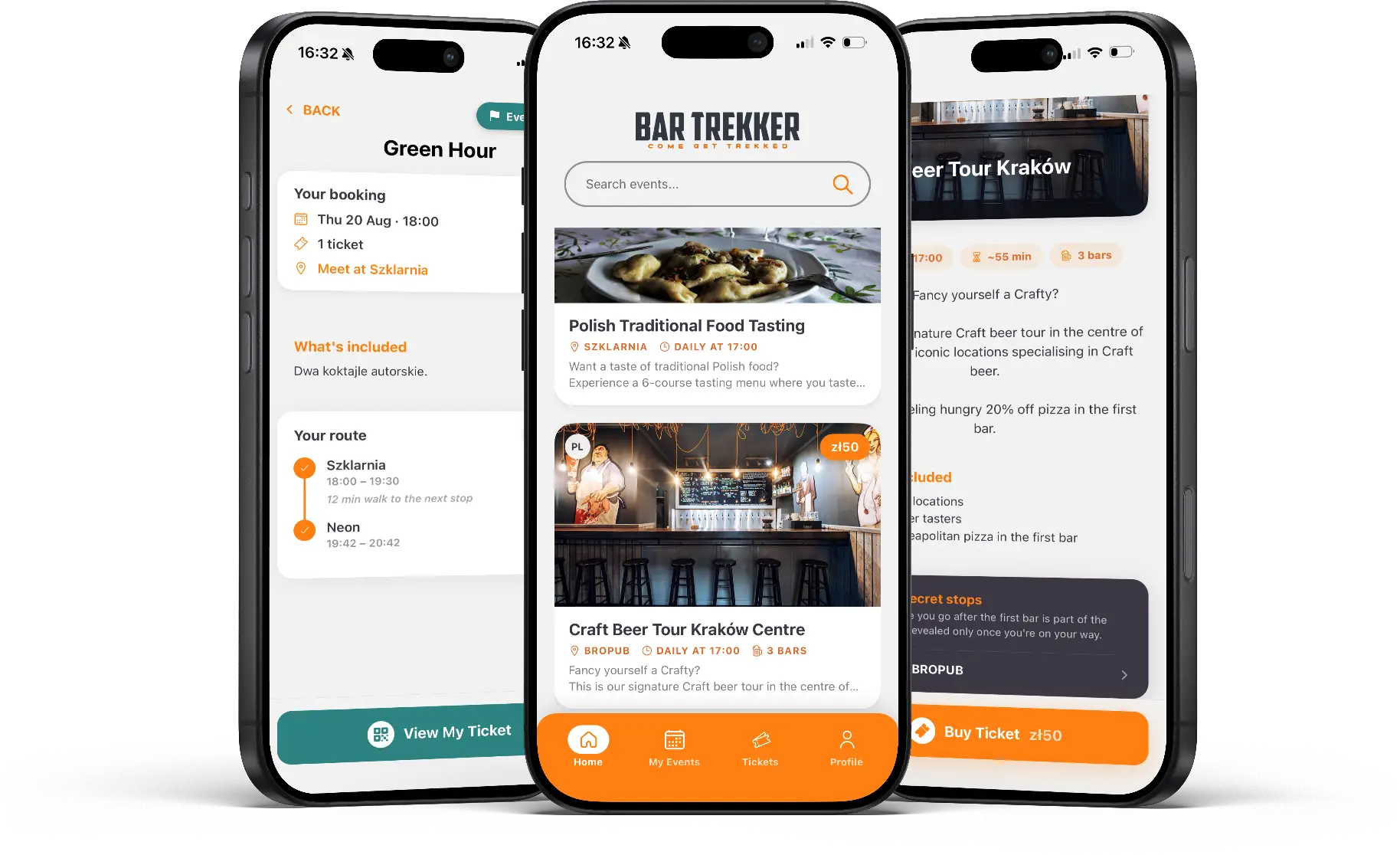 Bartrekker app shown on three phones — event booking, tour guide and ticket screens